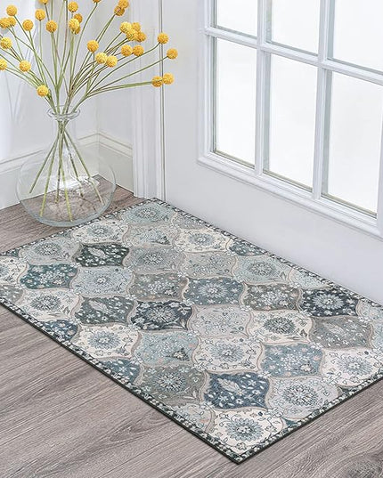 Lahome Moroccan Trellis Front Door Mat Indoor Entrance, 2x3 Rugs for Entryway Non-Slip Washable Indoor Door Mat, Oriental Accent Small Rug for Kitchen Bedroom Bathroom, Blue
