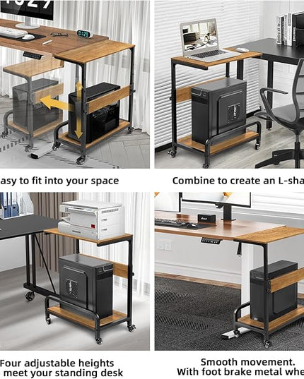 2-Tier Computer Tower Stand Adjustable, Gaming PC Floor Stand Large for ATX, E-ATX, ITX, Rolling PC Tower Cart with Guardrail, Metal Locking Wheels, 32.7" X 21.6" X 15.8",Walnut