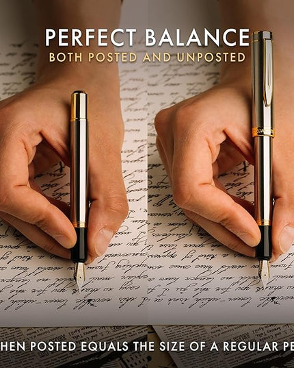Wordsworth and Black Fountain Pen Mini EDC: Luxury Silver Heavy Pocket Pen, Gold Finish, Medium Nib, 6 Ink Cartridges, Ink Converter, Travel Refillable Writing Pen Gift Set, Men & Women