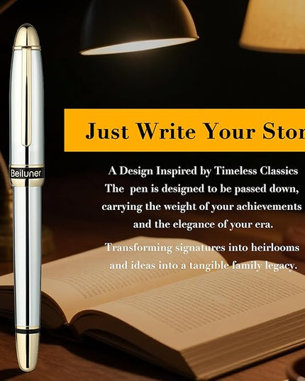 BEILUNER 315 Silver Chrome Fountain Pen,Stunning Luxury Pens with 24K Gold Accents, Gorgeous 24K Gilded Nib(Fine), Ink Converter,Fancy Pen Gift for Men&Women-Elegant, Office, Writing, Nice Design
