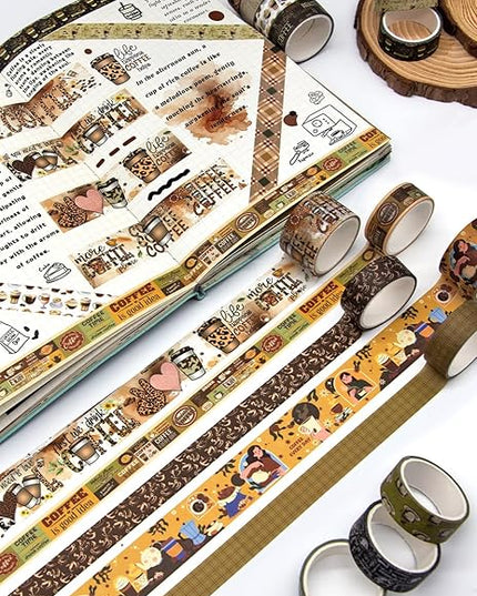 KOVANO Coffee Themed Washi Tape Set, 14 Rolls Vintage Crafts Tape, Art Decorative Tape for Scrapbooking Supplies, Junk Journal, Bullet Journaling, Vision Board Supplies