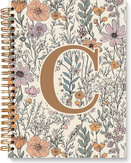 JXREQ Vintage Boho Floral Personalized Notebook, Initial Letter C Notebook Journal, Monogram Notebook, Monogrammed Gifts for Women, Boho Office Supplies, Flower Spiral Notebook 5.5x8.3