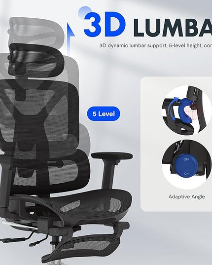 FLEXISPOT ErgoX Premium Ergonomic Office Chair with Footrest- Adjustable 3D Armrests, Dynamic Lumbar Support, Recline & Tilt Function, Mesh Seat, for Home & Office Use,Black