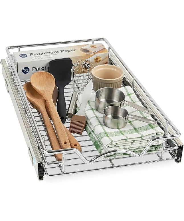 HOLDN’ STORAGE Pull Out Cabinet Organizer, Heavy Duty Caddy w/Lifetime Limited Warranty - 8”W x 21”D - Requires At Least 9-1/4” Cabinet Opening, Steel Metal Cabinet Drawers Slide Out, Chrome