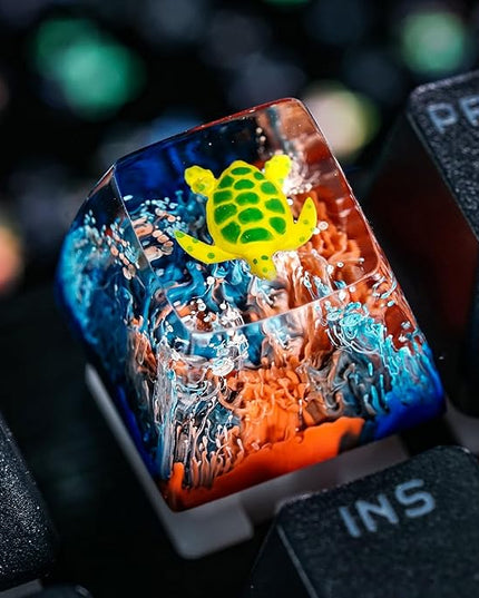 Sea Turtle Artisan Keycap Black and Red Coral Reef R1 SA Profile Custom Sea Creatures Keycaps 1U ESC Handmade Gaming Resin Key Cap Cherry MX Switch Compatible Mechanical Keyboard Turtle Lover Gift