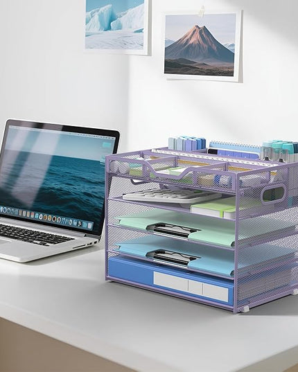 Docnest 5 Tier Mesh Desk Organizer- Letter Tray with Adjustable Compartments, Mesh Desktop Storage Built in Pen Holder and Handles, Desk Organizer Tray for Mail Documents Office Supplies–Purple