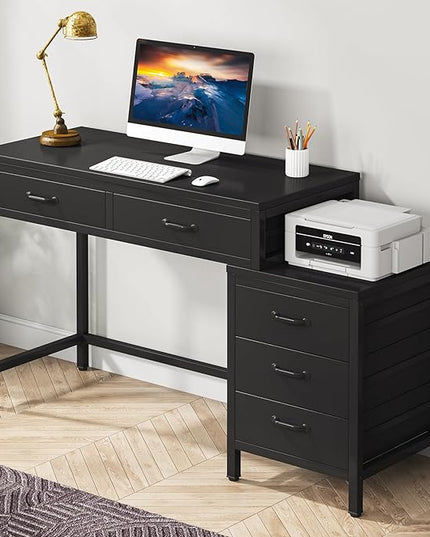 Tribesigns Computer Desk with 5 Drawers, Home Office Desks with Reversible Drawer Cabinet Printer Stand, Industrial PC Desk with Storage, Rustic Study Writing Table Workstation for Small Spaces, Black