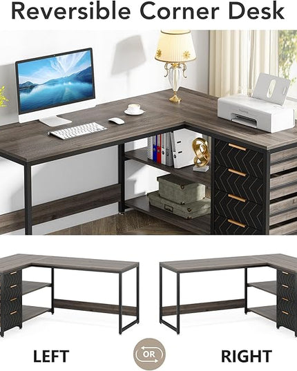 Tribesigns L Shaped Computer Desk with Storage Drawers, 59 inch Corner Desk with Shelves, Reversible L-Shaped Office Desk Writing Table Workstation for Home Office, Grey