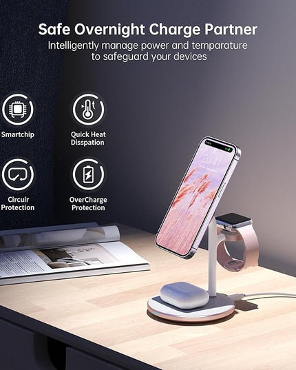 XooFly 3 in 1 Wireless Charging Station for Apple Devices, Fast Wireless Mag-Safe Charger Stand with 20W Adapter for iPhone 17/16 15 14 13 12 Pro Max/Pro/Plus/Air/Mini, iWatch, AirPods (Pink)