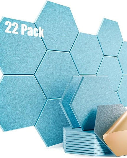 22 Pack Self-adhesive Acoustic Panels 12" X 10" X 0.4" - Sound Proof Foam Panels with High Density, Stylish Hexagonal Design, Flame Resistant, Absorb Noise and Eliminate Echoes(Light Blue)