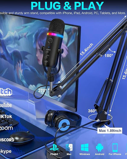 ZealSound Podcast Microphone for PC/Mac/iPhone – USB Studio Mic with Noise Cancellation, RGB Lighting, Mute, Gain, Monitoring & Echo, Boom Arm & Pop Filter, Streaming, Recording, TikTok, YouTube