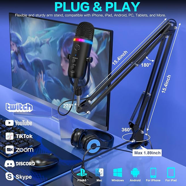 ZealSound Podcast Microphone for PC/Mac/iPhone – USB Studio Mic with Noise Cancellation, RGB Lighting, Mute, Gain, Monitoring & Echo, Boom Arm & Pop Filter, Streaming, Recording, TikTok, YouTube