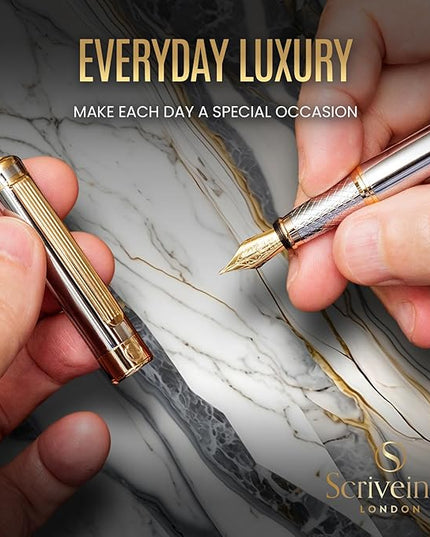 Scriveiner Silver Chrome Fountain Pen - Stunning Luxury Pen, Real Gold Finish Schmidt Gilded Nib (Medium), Best Pen Gift Set for Men & Women, Professional, Executive Office, Nice Pens