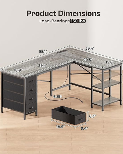 Huuger 55 Inch L Shaped Desk with Fabric Drawers, Reversible Computer Gaming Desk with Power Outlets and USB-C Port, Adjustable Side Storage Shelves, for Work Study Corner Home Office, Grey