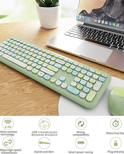 Wireless Keyboard and Mouse Combo, Colorful Ergonomic Full Size Retro Low-Noise Keyboard with Cute keycaps, Compatible with Windows, PC, Perfer for Home and Office Keyboards (Green)