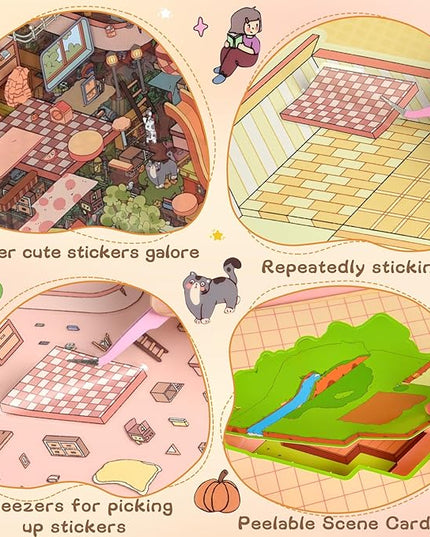 ASTARON 6 Sets DIY 3D Sticker Scene Book Sticker Therapy for Adults, Make Your Own Mini Cozy Shop House Room Stickers Cute Cartoon Miniature Stickers, Relief Stress Pass The Time