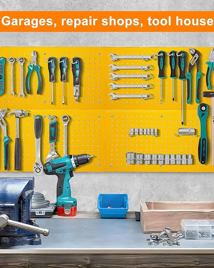 Metal Peg Board Panels for Workbench, Shop, Shed Modular Peg Board Organizer Board Kit, pegboard Wall Organizer(4 Pack, Yellow)