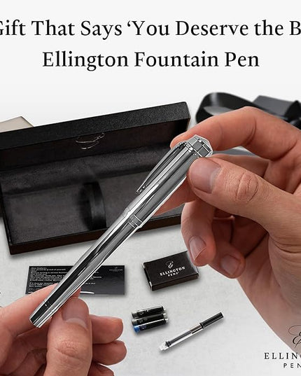 Ellington Pens Luxury Fountain Pen Set - Smooth Fine Nib- Includes 3 Ink Cartridges, Refillable Ink Converter, Gift Box- Fountain Pens For Writing, Calligraphy, Journaling, Sketching (Silver Sonata)