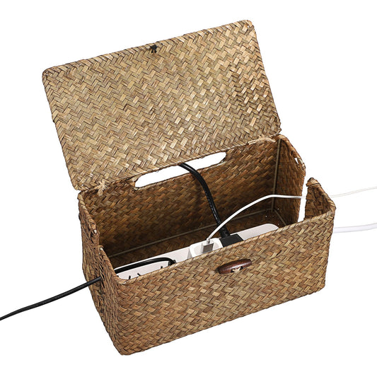 BTSKY Woven Cable Management Box with Lid, Seagrass Cord Organizer with 2 Open Slots for Power Strips & USB Hubs, Under Desk Cord Hider Box for Home Office, Pet Proofing Wire Basket, Small