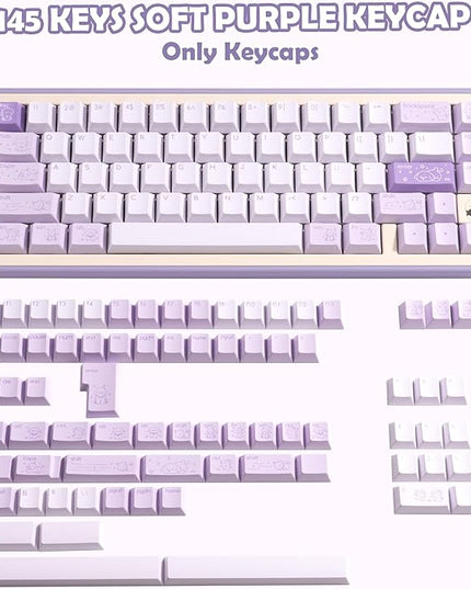 Minimalist Cute PBT Keycap, Light Purple Cherry Profile Custom Key Cap for Mechanical Gaming Keyboard, 145 Keys Dye Sublimation Keycap Set