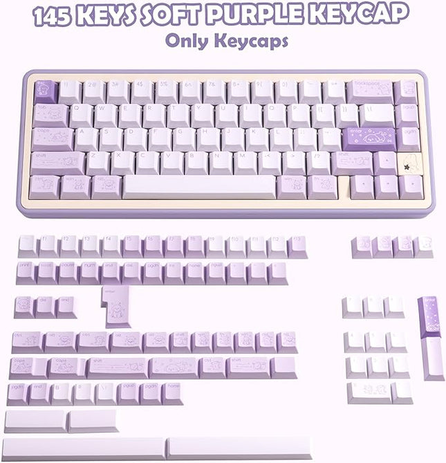 Minimalist Cute PBT Keycap, Light Purple Cherry Profile Custom Key Cap for Mechanical Gaming Keyboard, 145 Keys Dye Sublimation Keycap Set