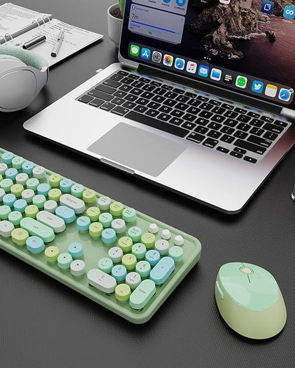 Wireless Keyboard and Mouse Combo, Ergonomic Full Size Typewriter Retro Round Keycaps Keyboard, Compatible with Windows, PC, Perfer for Home and Office Keyboards (Green