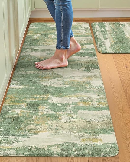 Collive Kitchen Mats for Floor Anti Fatigue, Green Abstract Non Skid Kitchens Sink Rug 2 Piece Waterproof, Memory Foam Comfort Standing Mat for Laundry, Desk, Home Office, 20" x 47" + 20" x 32"