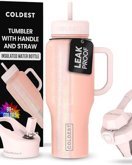 Coldest Tumbler with Handle and Straw - 100% Spill Proof Tumbler with Straw (3 Lids) - Stainless Steel Insulated Leakproof Tumblers for Women & Men - 36 oz (Forever Pink Glitter)