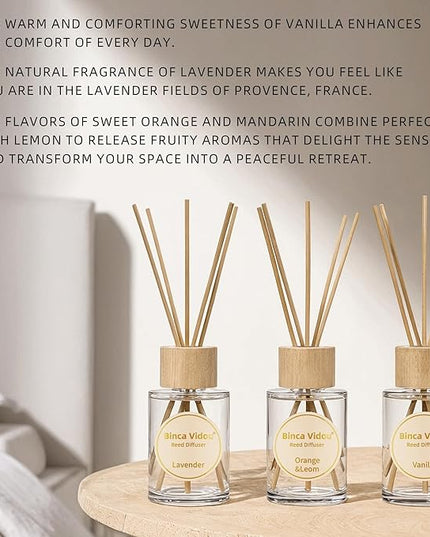 Reed Diffuser Set, Binca Vidou Lavender Vanilla Orange & Lemon Natural Scent Oil Diffusers with Sticks for Home Office Bathroom Aromatherapy Decor 2.7oz x 3