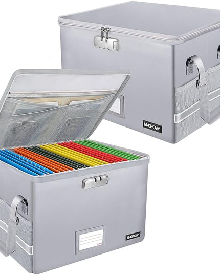 ENGPOW File Box with Lock, Fireproof Document Box with Pockets, Collapsible File Organizer Filing Storage Cabinet with Handle, Portable Home Office Safe for Hanging Letter/Legal Folders,Silver,2 Pack