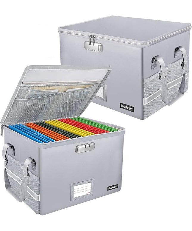ENGPOW File Box with Lock, Fireproof Document Box with Pockets, Collapsible File Organizer Filing Storage Cabinet with Handle, Portable Home Office Safe for Hanging Letter/Legal Folders,Silver,2 Pack