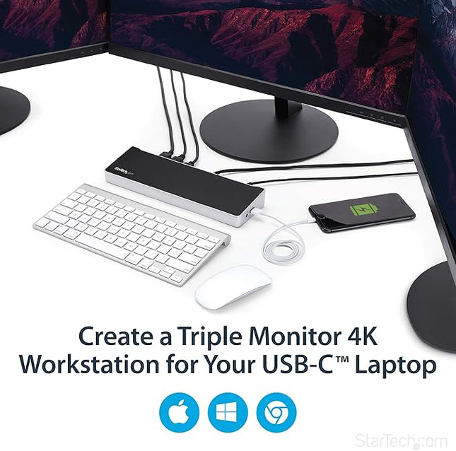StarTech.com USB-C Triple Monitor Docking Station for MacBook Pro / Air M1 M2 M3 M4 & Windows, Universal 4K HDMI DP Dock, Thunderbolt Compatible, 60W Laptop Charging - TAA