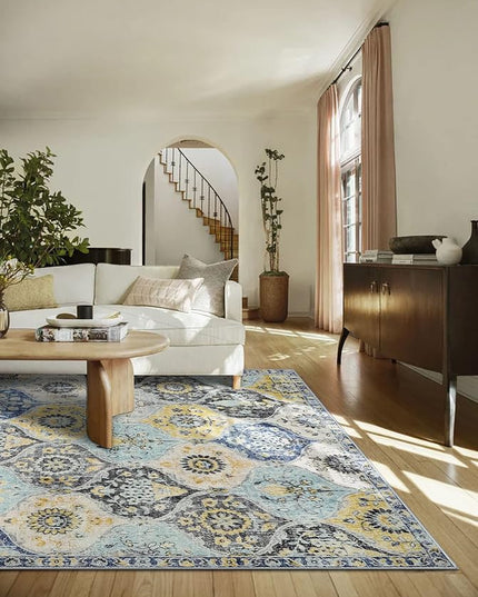 Lahome Moroccan Trellis Washable Area Rugs 5x7, 5x7 Area Rugs for Living Room Bedroom, Indoor Non-Slip Large Oriental Accent Throw Carpet for Kitchen Entryway Bathroom Office, Yellow/Aqua