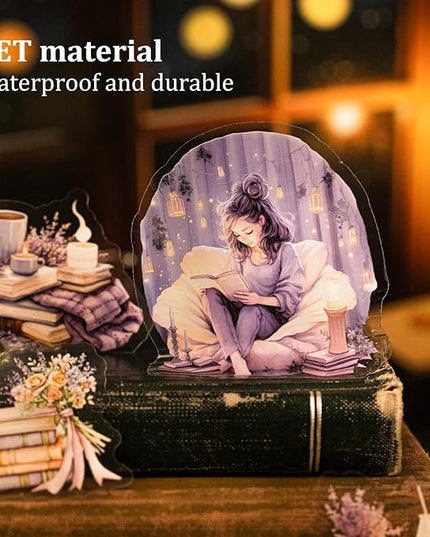 AuriicLeaf Night Reading PET Sticker Set, 90PCS Calming Scenes for Scrapbooking, Journal Supplies, and DIY Crafts
