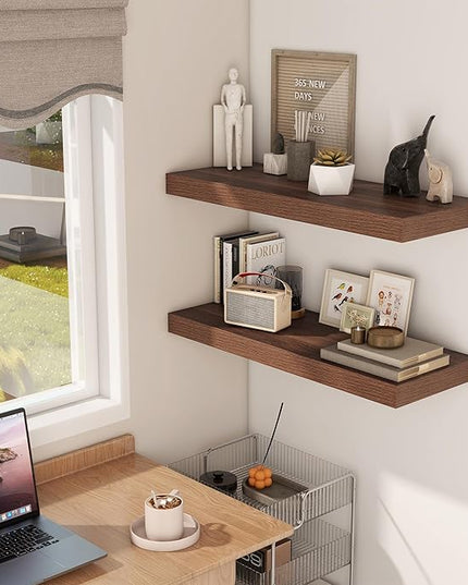 Fun Memories 30 Inch Floating Shelves, 12 Inch Deep Floating Shelf for Wall, Rustic Deep Shelves for Books, Bathroom, Living Room, Kitchen, 30 x 12 x 2 Wood Floating Shelves, Walnut Color, Set of 2