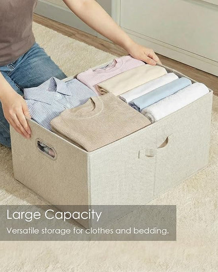PRANDOM Storage Bins with Lids [3-Pack] Linen Fabric Foldable Storage Boxes Organizer Containers Baskets Cube with Cover Beige (23.4X15.9X11.4)
