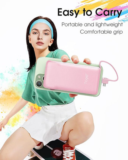 TG90° 2 Pack Slim 10000mAh Power Bank Built-in Foldable AC Wall Plug and Cables,Ultra Compact Cell Phone Charger,Pocket Size USB C Portable Charger Compatible with iPhone Samsung,Black & Pink