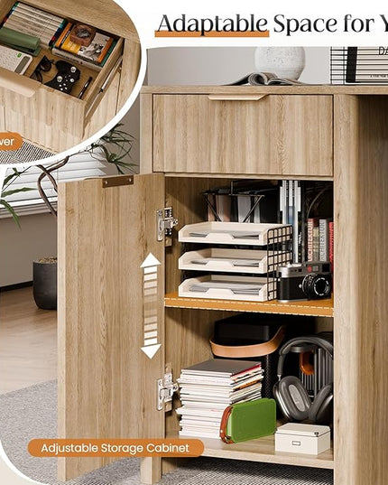 60" Fluted Home Office Desks with Storage, Modern Executive Desk Computer Desk with Drawer & Cabinet, Wood Work Desk for Office, Bedroom, Study, Living Room, Oak