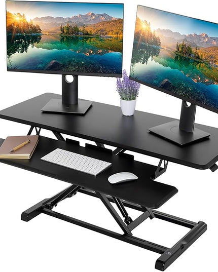 TechOrbits Standing Desk Converter - 42 Inch Adjustable Sit to Stand Up Desk Workstation, MDF Wood, Ergonomic Desk Riser with Keyboard Tray, Desktop Riser for Home Office Computer Laptop, Black 42"
