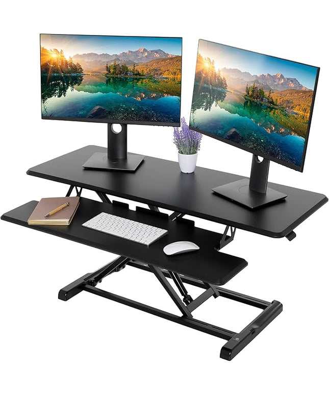 TechOrbits Standing Desk Converter - 42 Inch Adjustable Sit to Stand Up Desk Workstation, MDF Wood, Ergonomic Desk Riser with Keyboard Tray, Desktop Riser for Home Office Computer Laptop, Black 42"