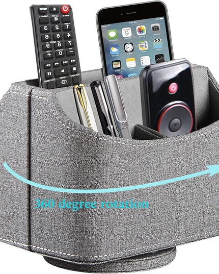 RHCSZ Leather Remote Control Holder 360 Degree Spinning, Desk Organizer for TV Remote Controllers, Caddy,Pen,Calculator,Media Player Storage box (Grey)