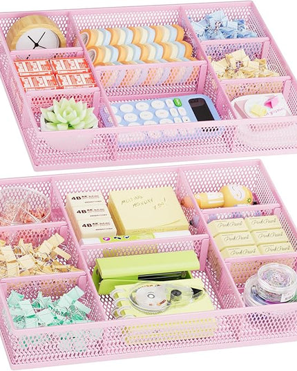Marbrasse 2 Pack Desk Drawer Organizer, Mesh Drawer Organizer Tray with 8 Adjustable Compartments, Desk Organizers and Accessories, 5 Dividers Drawer for Office Supplies, Makeup & Vanity (Pink)