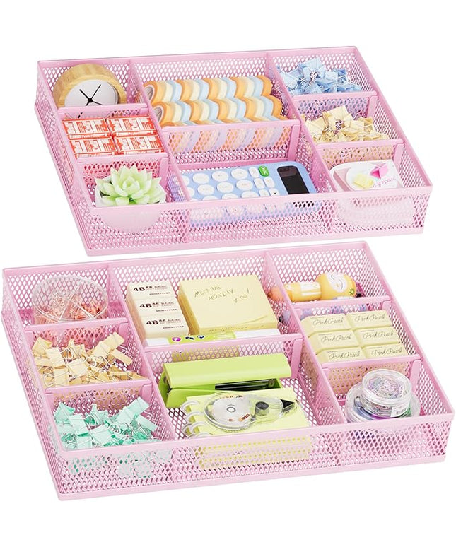 Marbrasse 2 Pack Desk Drawer Organizer, Mesh Drawer Organizer Tray with 8 Adjustable Compartments, Desk Organizers and Accessories, 5 Dividers Drawer for Office Supplies, Makeup & Vanity (Pink)