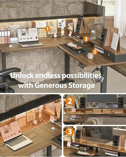 Agilestic L-Shaped Electric Standing Desk, 63x55 Inch Ergonomic Adjustable Height Desk with Storage, Stand Up Corner Desk Sit Stand Computer Table Power Outlet & LED Lights, Office Table, Dark Walnut