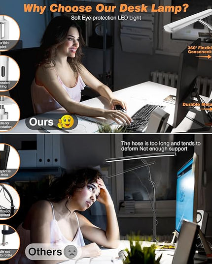 LED Desk Lamp for Office Home, Eye-Caring Desk Light with Stepless Dimming Adjustable Flexible Gooseneck, 10W USB Adapter Desk Lamp with Clamp for Reading, Study, Workbench (White)