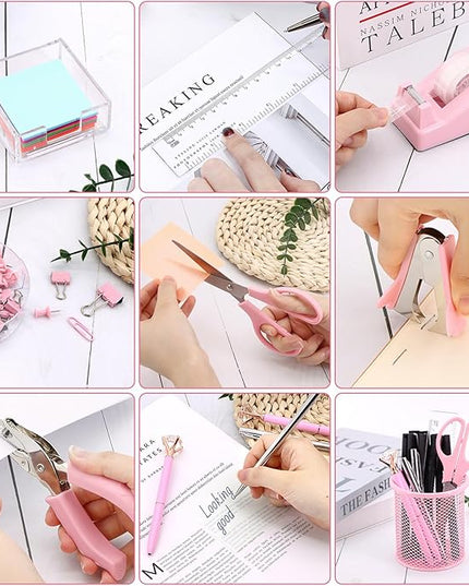 17 in 1 Pink Desk Organizers and Accessories Set, 3 Office Desk Supplies Storage Organization, 4 Pens, Stapler, Staples & Remover, Tape & Dispenser, Scissors, Ruler, Clips, Hole Punch, Back to School