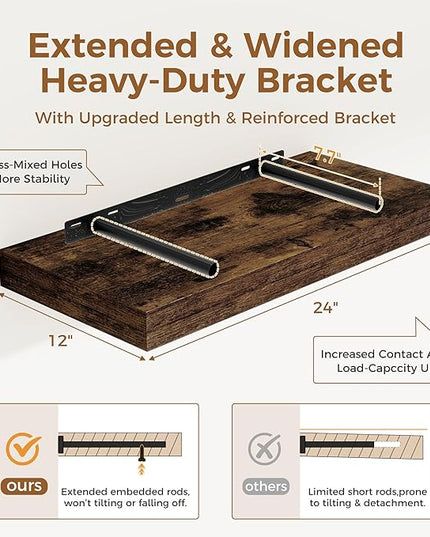 12 Inch Deep Floating Shelves, 24 x 12 Floating Shelf for Books, Rustic Wood Deep Wall Shelves for Home Storage & Display, 2" Thicked Shelves for Kitchen, Living Room, Bedroom, Rustic Brown, 1 Pack