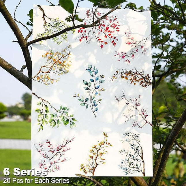 MiyouLuna 120Pcs Botanical PET Stickers, Branch and Leaf Designs for Scrapbooking Waterproof Journaling Supplies Junk Journal Ephemera with Storage Organizer