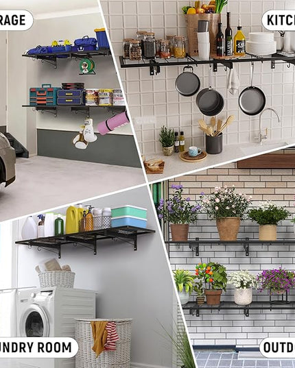 Garage Wall Shelves, 46"X12.5" Garage Shelving Wall Mounted, Heavy Duty Shelf Storage Rack with 4 Hooks, Black Organizer Floating Metal Shelf 160 LBS Capacity for Office, Basement, Laundry Room