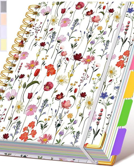 Hardcover Spiral Notebook 8.5"x11" Journal with Removable Dividers Tabs, 300 Pages Leather 5 Subject Notebook College Ruled, Large A4 Notebooks for Work School, Journal for Women, A4 Flower white